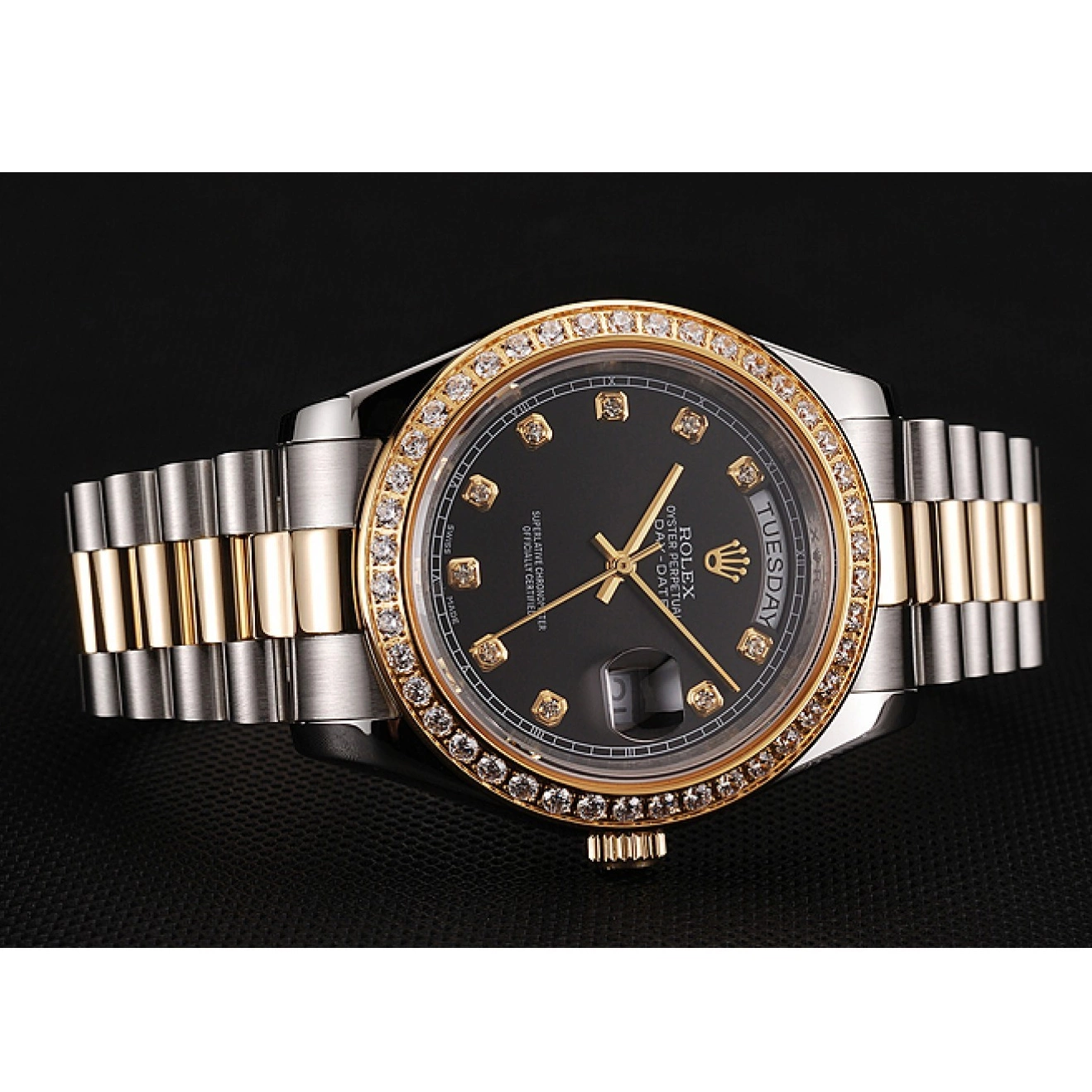 Good copy rolex watches Steel Case Dial Black Two Tone Gold Rolex 1453975 Bracelet Stainless Diamond Swiss Day-Date 0716